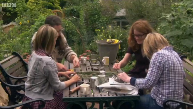 Alys' friends help her make bird scarers Alys' friends help her make bird scarers